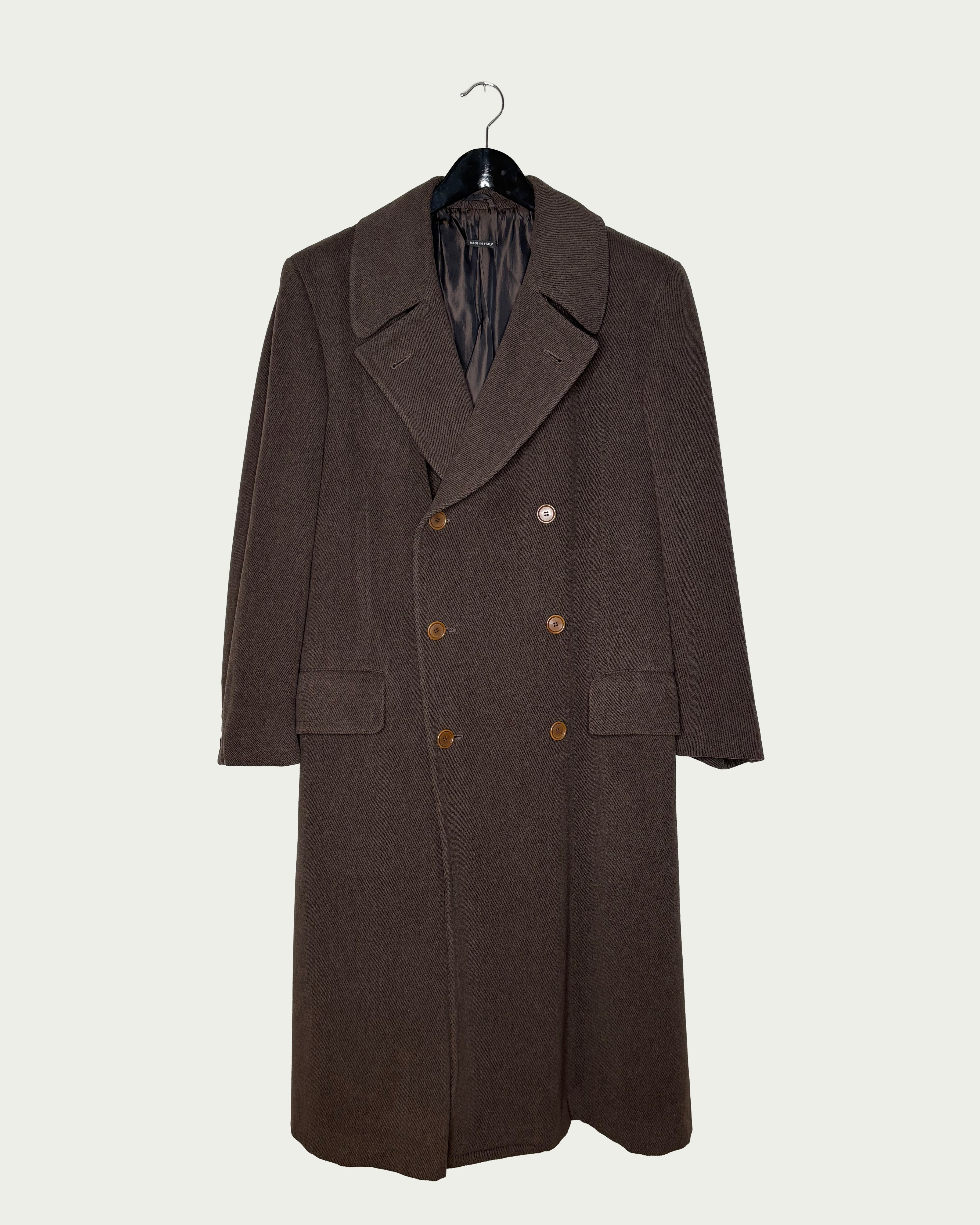 Giorgio Armani 80s Army Inspired Double Breasted Brown Wool Heavy Overcoat