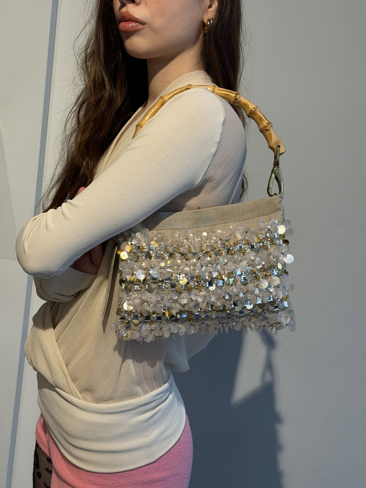 Miu Miu Sequin-Beaded Bamboo Handle Bag