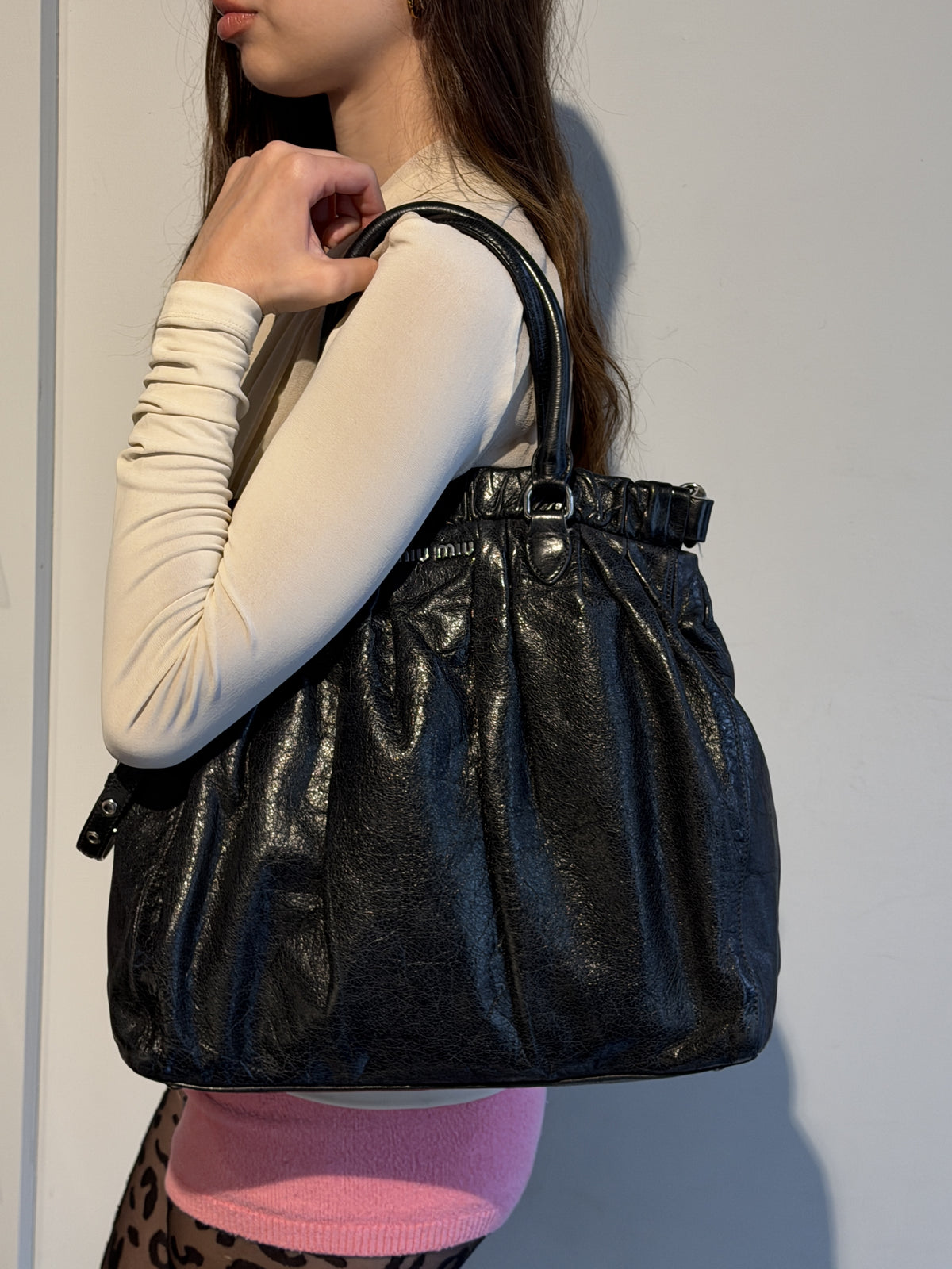 Miu Miu Vitello Lux Gathered Tote