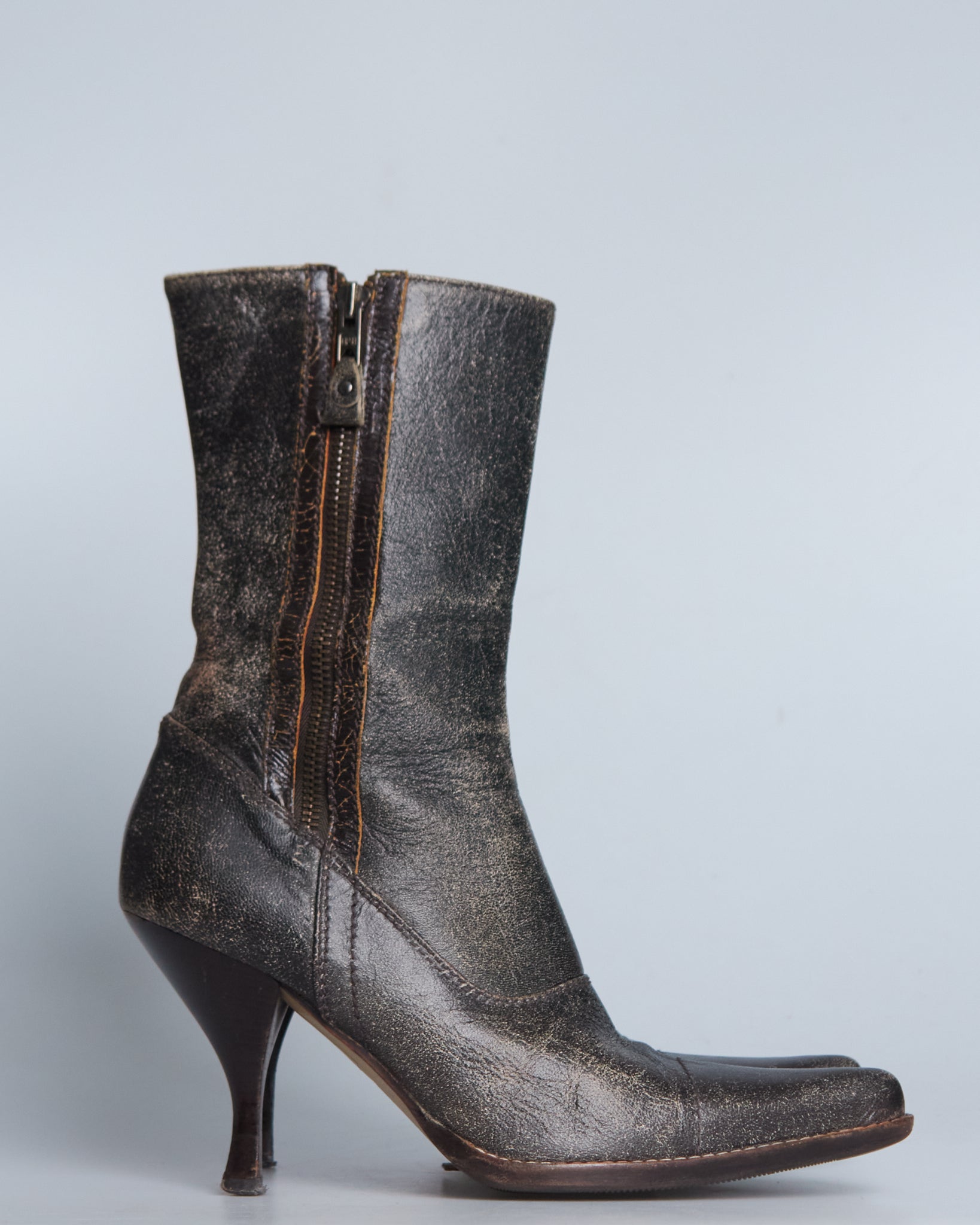 Miu Miu crack leather double-zip pin heel boots
