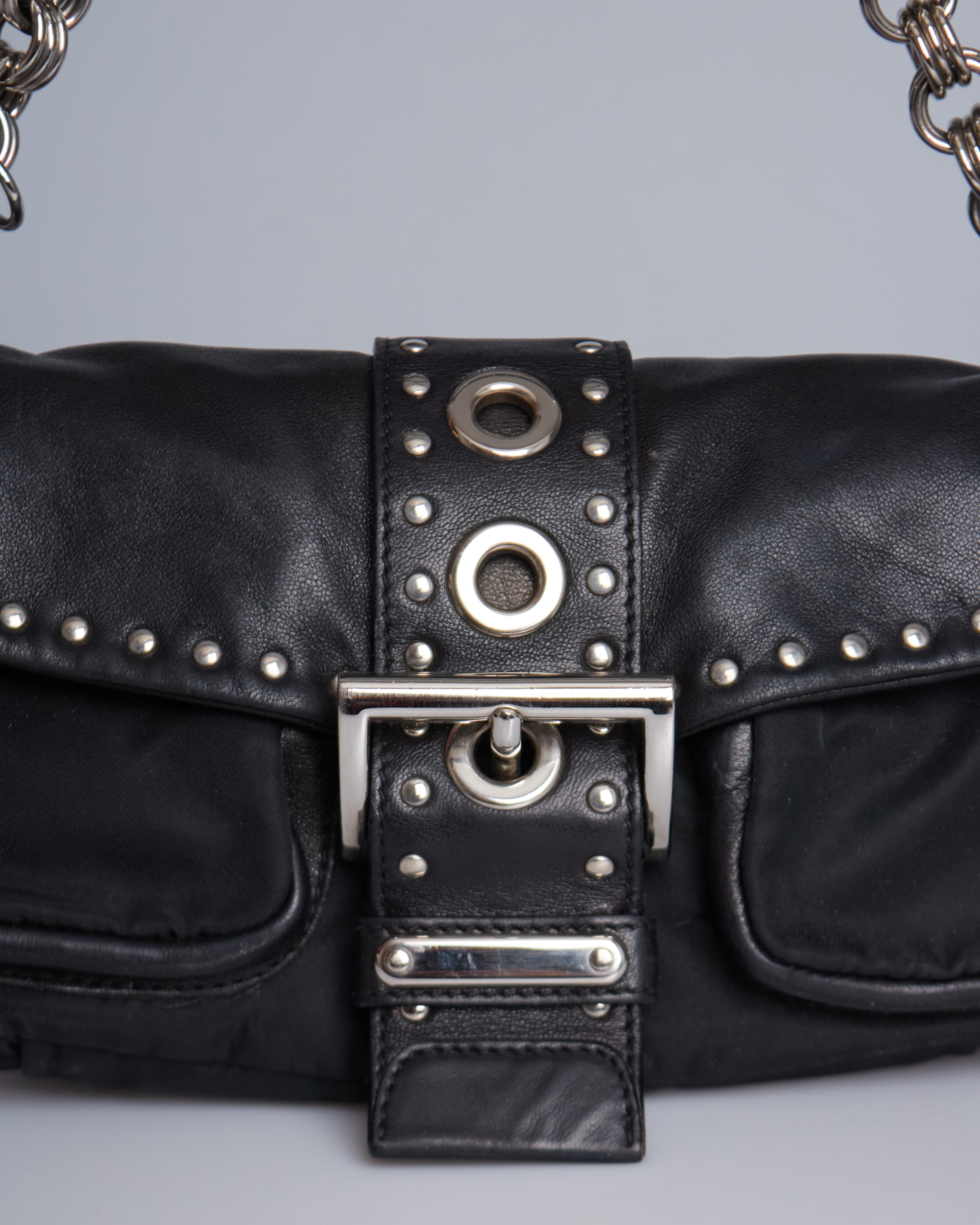Prada Nappa Studded Nylon Baguette