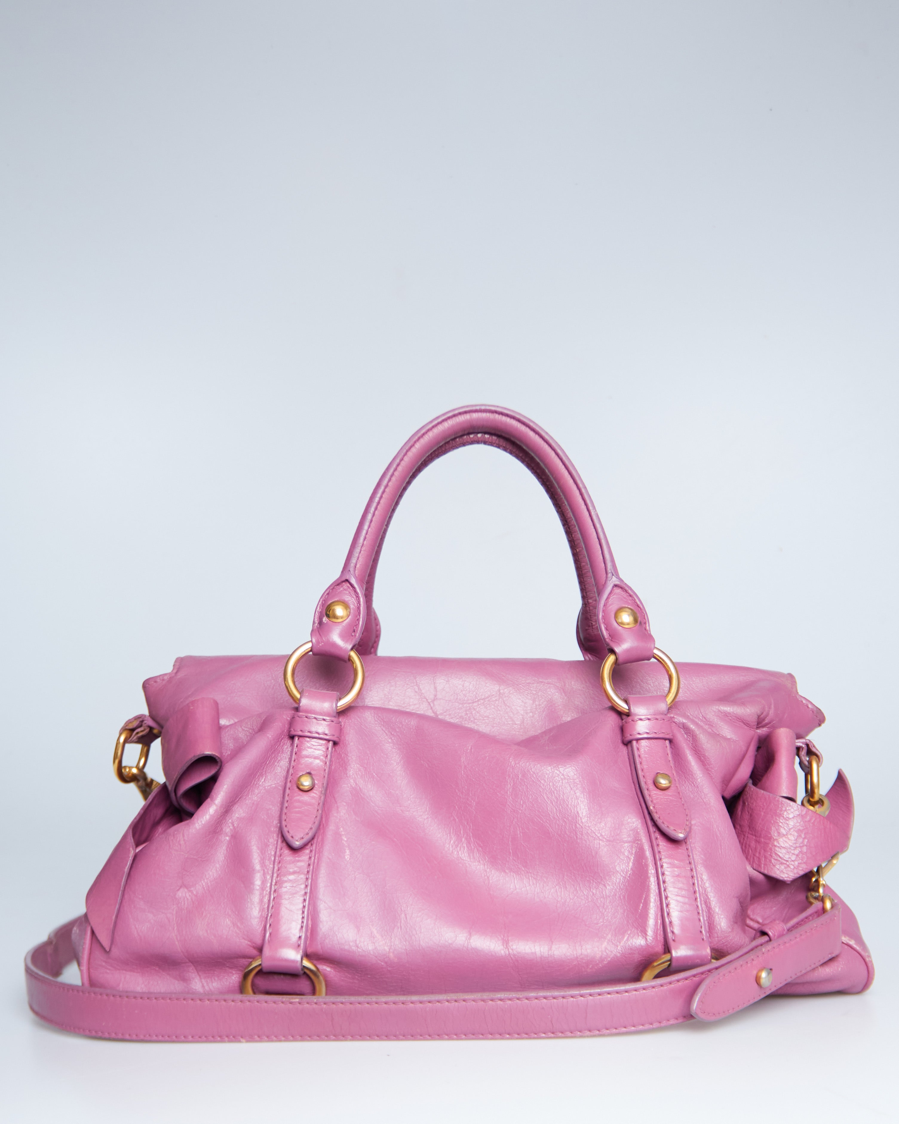 バッグ MIUMIU 2WAY pink handbag VITELLO LUX Miu Miu Vitello Lux Handbag Leather Pink Side Ribbon – Anne Closet