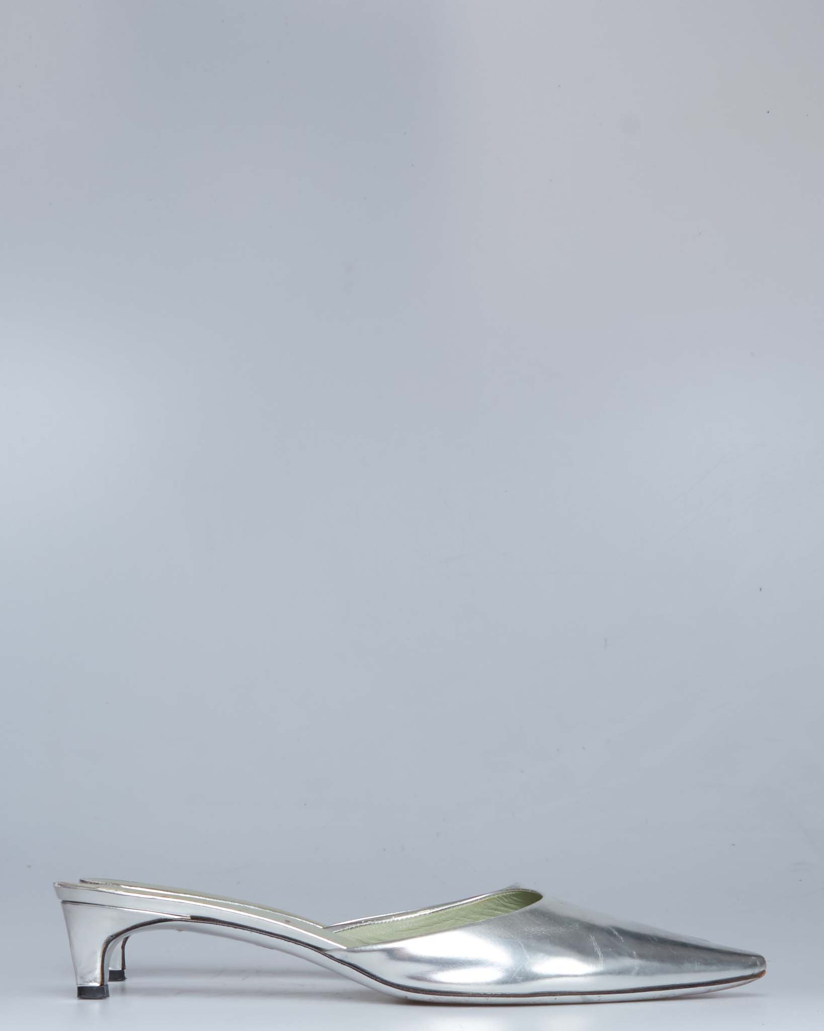 Prada silver metallic pointed-toe mules